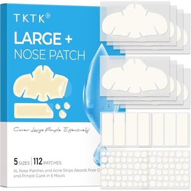 TKTK Hydrocolloid Nose Patches, XL Nose Pore Strips 91 x 48 mm, Large Hydrocolloid Acne Pimple Patches for Face, Cover Zit Blemishes & Absorb Oil (Nose Contoured, Strip, Dots 5 Sizes 112 Count)