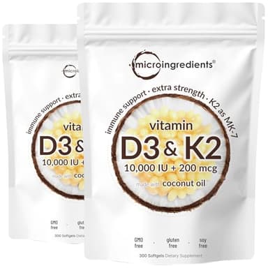 Micro Ingredients Vitamin D3 10,000 IU + K2 MK-7 200 mcg, 600 Softgels with Virgin Coconut Oil (2 Pack) | 2-in-1 Vitamins D & K Complex | Extra Strength, Easy to Swallow, Non-GMO, Gluten Free
