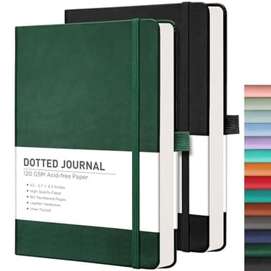 RETTACY Dotted Journal Notebook, 2-Pack, 160 Numbered Pages per Pack, A5 Medium Size (5.7'' x 8.3''), 120 GSM Thick Paper, Leather Hardcover, for Journaling, Planning, Tracking (Black & Dark Green)