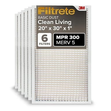 Filtrete 20x30x1 Air Filter, MPR 300, MERV 5, Clean Living Basic Dust 3-Month Pleated 1-Inch Air Filters, 6 Filters
