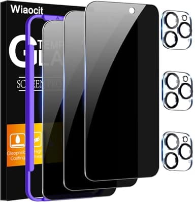 Wiaocit 3 Pack Tempered Glass Privacy Screen Protector for iPhone 16 Pro with 3 Pack Camera Lens Protector, 9H Hardness, Bubble Free, Case Friendly