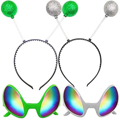 Poptrend 2 Pairs Alien Headband and Glasses, Sunglasses, Glitter Green Silver Boppers Antenna Headband Set, Alien Costume Party Favors Accessories for Adults and Kids (green+silver)