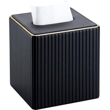 KINGFOM Tissue Box Cover, PU Leather Square Tissue Box Holder for Kleenexs with Magnetic Bottom Cover for Facial Tissues/Napkins, Office & Living Room Decor Box Black