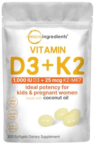 Micro Ingredients Vitamin D3 1,000 IU + K2 MK-7 25 mcg, 300 Softgels | Virgin Coconut Oil | 2-in-1 Bone, Immune & Heart Support | Easy to Swallow, Non-GMO