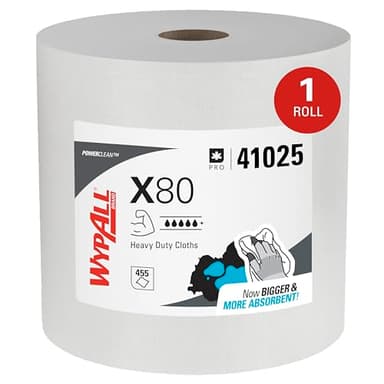 WypAll PowerClean X80 Cloths Heavy Duty Wipes (41025), Jumbo, Extended Use Towels, White (1 Roll of 455 Sheets, 455 Sheet Total)