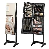 SONGMICS Jewelry Cabinet Armoire, Freestanding Lockable Storage Organizer Unit with 2 Plastic Cosmetic Storage, Full-Length Frameless Mirror, for Necklace Earring, Black UJJC002B01