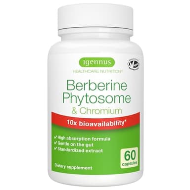 Igennus Dual Action Berberine Phytosome 550mg & Chromium Picolinate, 10x Absorption, Blood Glucose Control, Standardized Berberis Extract Supplement, Clean Label, Vegan, 60 Capsules