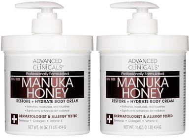 Advanced Clinicals Manuka Honey Body Cream For Women & Men | Body Butter Lotion For Extremely Dry Skin | Collagen Cream | Skincare Moisturizer Hydrating Balm Improves Look Of Aging Skin, 16Oz, 2-Pack