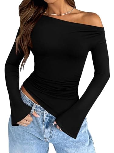 REORIA Women’s Casual Long Sleeve Boat Neck Off Shoulder Tops Going Out Y2k Asymmetrical Hem Ruched Bell Sleeve Shirts, Black Onyx S