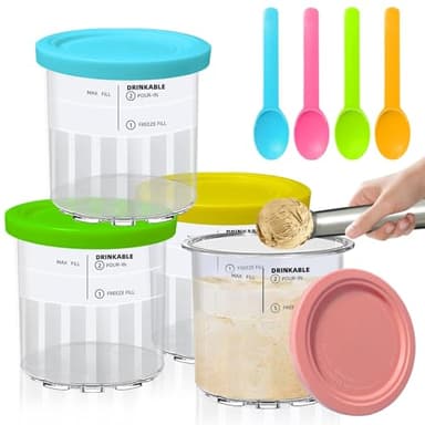 Vintrol 4 Pack Ninja Creami Deluxe Pints with 4 Spoons, 1 metal spoon & 4 Lids, 24oz Creami Pints Compatible with NC500 NC501 Series Ice Cream Makers Machine Accessories, BPA-Free And Dishwasher Safe
