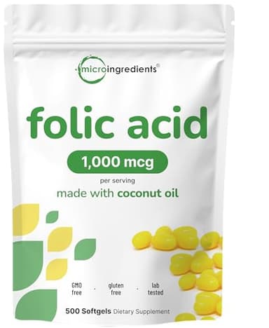 Folic Acid 1,000 mcg, 500 Coconut Oil Softgels (1mg) | Essential Prenatal Vitamins (Vitamin B9) | 1,667 mcg DFE | Third Party Tested, No Artificial Colors or Flavors | Non-GMO, Gluten Free