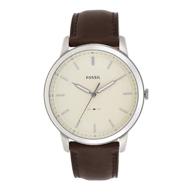 Fossil Men's Minimalist Quartz Stainless Steel and Brown Leather Three-Hand Watch for Men, Color: Silver, Brown
