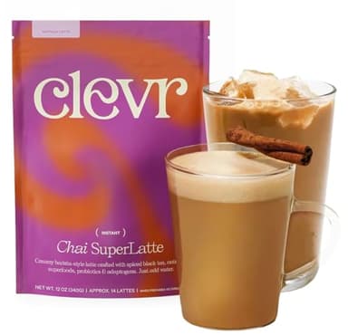 Clevr Chai Tea Latte, Instant Superfood Powder Blend with Oat Milk, Lion’s Mane, Reishi Mushroom, Black Tea, Organic Spices, Coconut Cream, Ashwagandha, Oprah’s Favorite Things 2022 (14 Lattes)