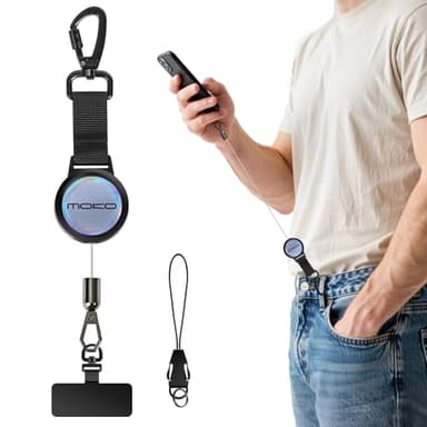 MoKo Anti-theft Phone Tether, Phone Lanyard Retractable Steel Line Cellphone Strap with Locking Carabiner and Metal 360° Tether Tab for Outdoor Skiing Hiking Climbing Fishing, Black&Silver
