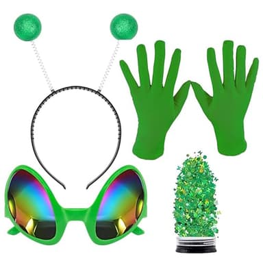 Alaxciax Alien Headband with Glasses, Holographic Glitter Alien Costume Accessories with Gloves for Women for Party Cosplay