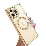 KANGHAR Case Designed for iPhone 15 Pro Max Case Magnetic Clear with Camera Lens Protector[Compatible with MagSafe] Luxury Cute Plating Design Full-Body Shockproof Protection Cover Gold