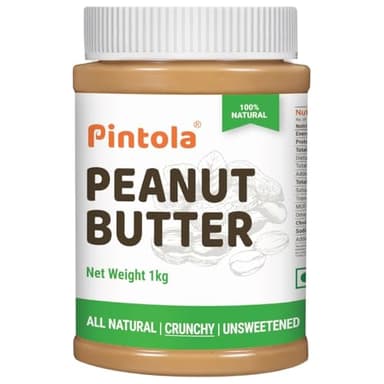 Pintola All Natural Peanut Butter (Crunchy) | Unsweetened | 30g Protein | Non GMO | Gluten Free | Vegan | Cholesterol Free (1kg)