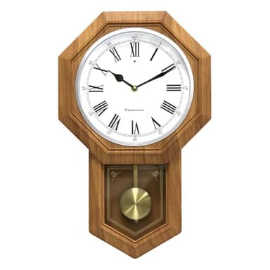 BESTIME 66236A Plastic Pendulum Clock Wood Grain Color.Sturdy Frame.Westminster Chime Every Hour,Elegant,Traditional Schoolhouse,Home,Office,Living Room,Bedroom.