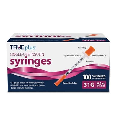 TRUEplus Single-Use Insulin Syringes, 31G 0.3cc 5/16 Inch Needle Length, 100 Count (10 Packs of 10)
