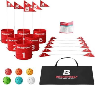 bucketgolf Game The Original Ultimate Backyard Lawn Golf Game for Family, Adults and Kids - Portable 6 Hole Golf Course Play Outdoor, Lawn, Park, Beach, Yard.