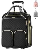 Arcoyard Underseat Carry On Luggage with Wheels, Multiple Compartments Airline Approved Personal Item Bag, Travel Carry-On with Leather Handle, Lightweight Rolling Suitcase for Women, Black Gold, L