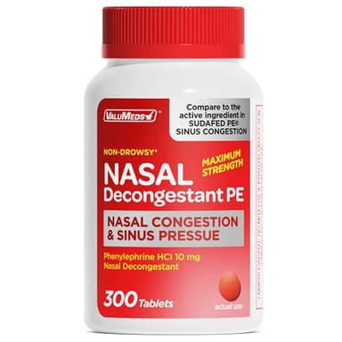 ValuMeds Nasal Decongestant PE Phenylephrine HCl 10mg Tablets (Bulk 300 Count) Non-Drowsy Sinus Pressure Relief & Nasal Congestion Relief, Stuffy Nose Decongestants for Adults | Compare to Sudafed PE