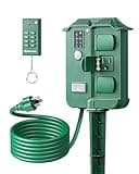 DEWENWILS Outdoor Power Stake Timer Waterproof, 100FT Wireless Remote Control, 6 Grounded Outlets, 6FT Extension Cord, Photocell Dusk to Dawn for Lights, Garden, UL Listed