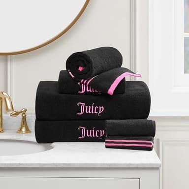 Juicy Couture Black/Hot Pink Border Bath Towels 6-Piece 100% Cotton Bath Towel Set
