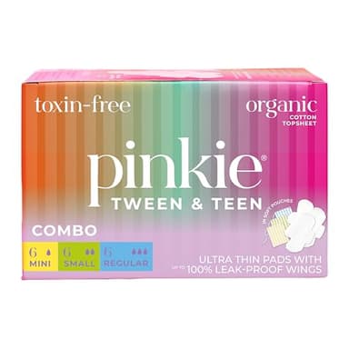 Pinkie Period Starter Pads - Designed for Smaller Underwear - Organic Cotton Topsheet Tween & Teen Pads with Wings - Chlorine Free & Fragrance Free - Teen Combo Pack, 18 Count