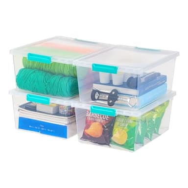 IRIS USA 12 Qt. Craft Storage Bins with Lids, 4-Pack, |Made in USA|, Clip Box, Medium Plastic Sensory Bin Tote Organizer Containers for Art Supplies, Paper, & Office, Stackable - Clear/Seafoam Blue