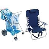 Rio Brands Deluxe Wonder Wheeler Wide, Blue Print & Rio Gear Beach Lace-Up Suspension Folding Beach Chair for Camping, Aluminum, Navy, 44.7" x 25.5" x 26.5"
