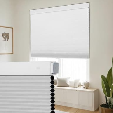 SEEYE No Drill Cordless Cellular Shades, Blackout Honeycomb Blinds for Indoor Window,Thermal Insulated Noise Reduction, Easy Install for Bedroom, Living Room, Office, White (70" W x 64" H)
