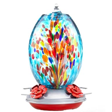Muse Garden Glass Humming Bird Feeders for Outdoors - 27OZ Blown Glass Hummingbird Feeder - Unique Gift Mom Women, Outdoors Hanging Garden Decor, Includes Ant Moat & Brush, Blue Fireworks