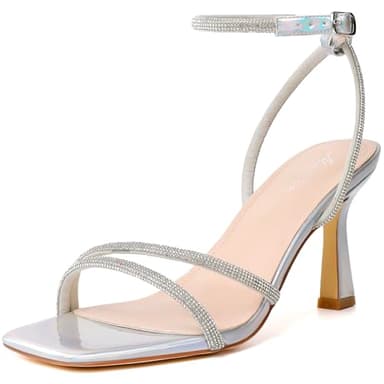 Mostrin Silver Strappy Rhinestone Heels for Women Ankle Strap Lace Up Square Open Toe Heels Stiletto High Heeled Sandals for Wedding, Prom, Party, Daily Size 12