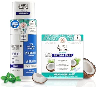 GuruNanda Whitening Wonder Duo, Dual Barrel Oxyburst Whitening Mouthwash 20 Oz & Teeth Whitening Strips with No Slip, Dry Strip Tech, 7 Day Treatments