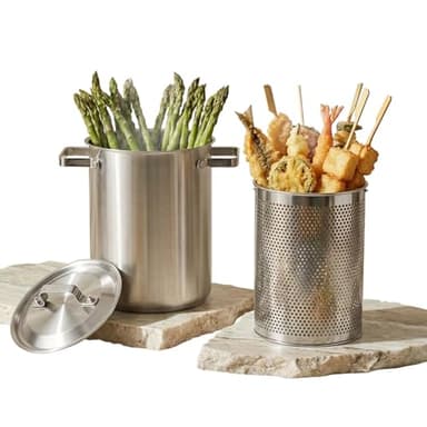 PUCOHOUSE 4.3L 20cm Tall Spaghetti Cooker with Strainer Basket, 304 Stainless Steel Pasta Cooker, 3-Ply Base for Noodles, Asparagus, Oden, Japanese Hot Pot, Deep Frying, Dishwasher Safe