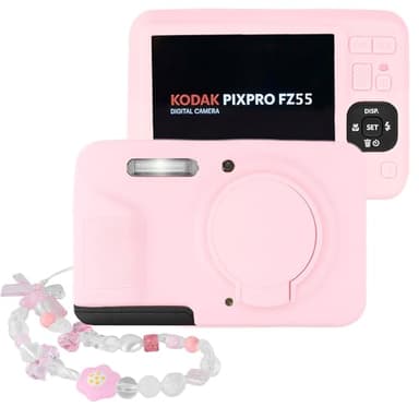 Seltureone Camera Case Compatible with KODAK PIXPRO FZ55 with Cute Camera Charm Wrist Strap, Soft Silicone Protective Case with Lens Cover Compatible with KODAK PIXPRO FZ55 Accessories - Two-tone Pink