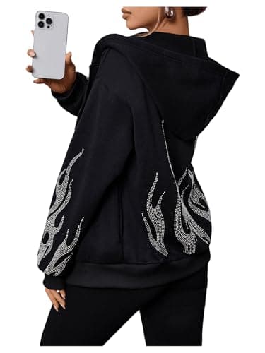 SOLY HUX Womens Zip Up Hoodie Y2k Graphic Oversized Sweatshirt Long Sleeve Jackets Fall Outfits Black Rhinestone Large