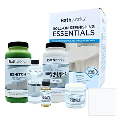 Bathworks Essentials Roll-On Refinishing Kit with EZ-Etch - 22 fl oz Coating + 16 fl oz Surface Prep, High Gloss White, Durable Acrylic Resin Finish with Non-Slip Additive - Complete DIY System for Bathtubs, Tile, Sinks & Showers (Paint Materials Only)