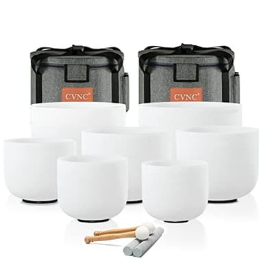 CVNC 432HZ 6-12 Inch Set Of 7 PCS Frosted Chakra Quartz Crystal Singing Bowls for Sound Healing with 2 PCS Travel Carry Case Bag