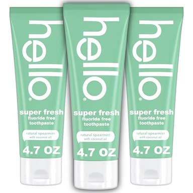 Hello Super Fresh Fluoride Free Toothpaste, Toothpaste for Bad Breath, Helps Remove Surface Stains, Natural Spearmint, 3 Pack, 4.7 Oz Tubes