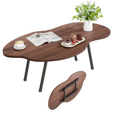 Foldable Coffee Table,Mid Century Modern Coffee Table Living Room Tables,Cloud Shape Irregular Center Table,Portable Folding Table for Small Spaces,Living Room,Bedroom,Entryway,Easy Assembly,Walnut