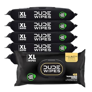 DUDE Wipes Shea BUTTer Flushable Wipes - Extra-Large Adult Wet Wipes - 6 Pack (288 Count) - Infused with Coconut Oil, Vitamin E, and Aloe - Septic and Sewer Safe