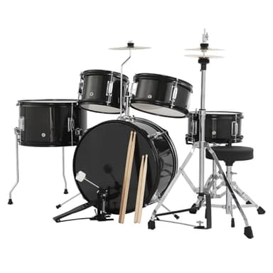 5-Piece Junior Drum Set, A Complete Kit for Kids with Bass Drum, Tom-Tom, Snare, Cymbals, Hi-Tone Drum, Sticks, Base Pedal and Stool, Beginner Set, Perfect Musical Gift for Boys & Girls, Black