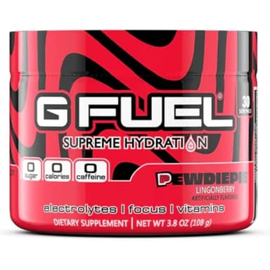G Fuel Pewdiepie Supreme Hydration, Electrolyte Powder Mix for Energy & Focus, Sugar and Caffeine Free Supplement with Essential Vitamins & Minerals, Lingonberry Fruit Flavor, 3.3 oz - 30 Servings