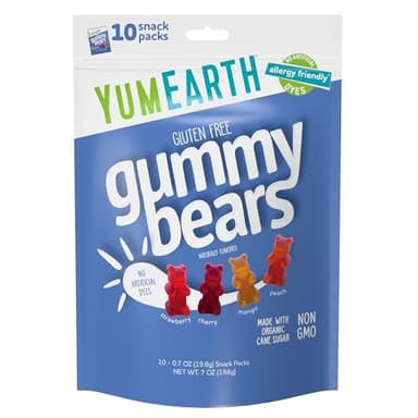YumEarth Organic Fruit Flavored Gummy Bears, 10- .7oz. Snack Packs, Allergy Friendly, Gluten Free, Non-GMO, Dye Free