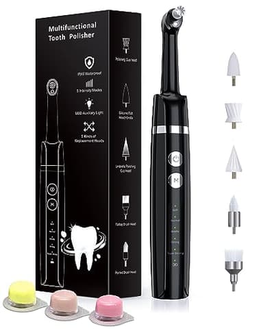Tooth Polisher, Rechargeable Tooth Whitening Kit for Teeth Cleaning and Whitening, with 3 Tooth Polish Paste and 5 Brush Heads, LED Light, Easy to Use at-Home Personal Dental Care Kit (Black)