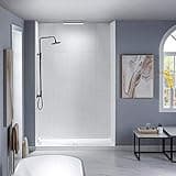 WOODBRIDGE Solid Surface 60" W x 96" H Tile Tub and Shower Wall Panel Surround, Quick Install, Cuttable, Stacked Block in a Staggered Vertical Pattern. Matte White Finish