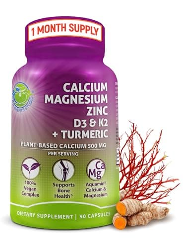 Plant-Based Calcium 500mg (Aquamin) – Vegan Calcium Magnesium Zinc D3 with Vitamin K2 & Organic Turmeric – Enhanced Bone and Muscle Health & Strength, Immune Support for Women & Men - 90 Count