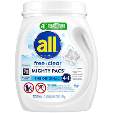 All Mighty Pacs Laundry Detergent, Free Clear for Sensitive Skin, Tub, 60 Count